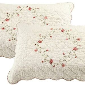 2-pc Floral Embroidered Pillow Shams Queen 100% Cotton Quilted (Cream,20"X28")